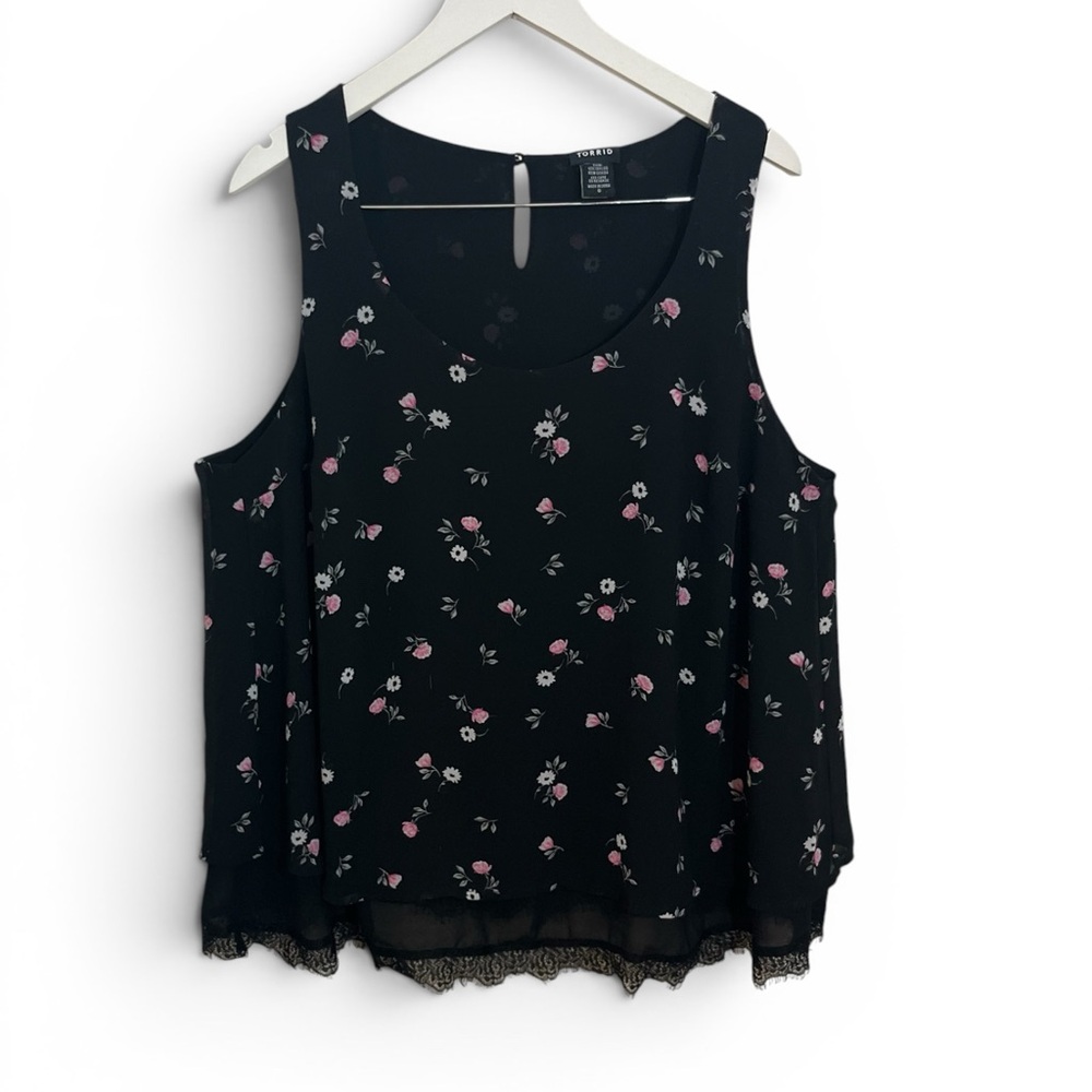 torrid Black Floral Cold-Shoulder Lace Trim Tank